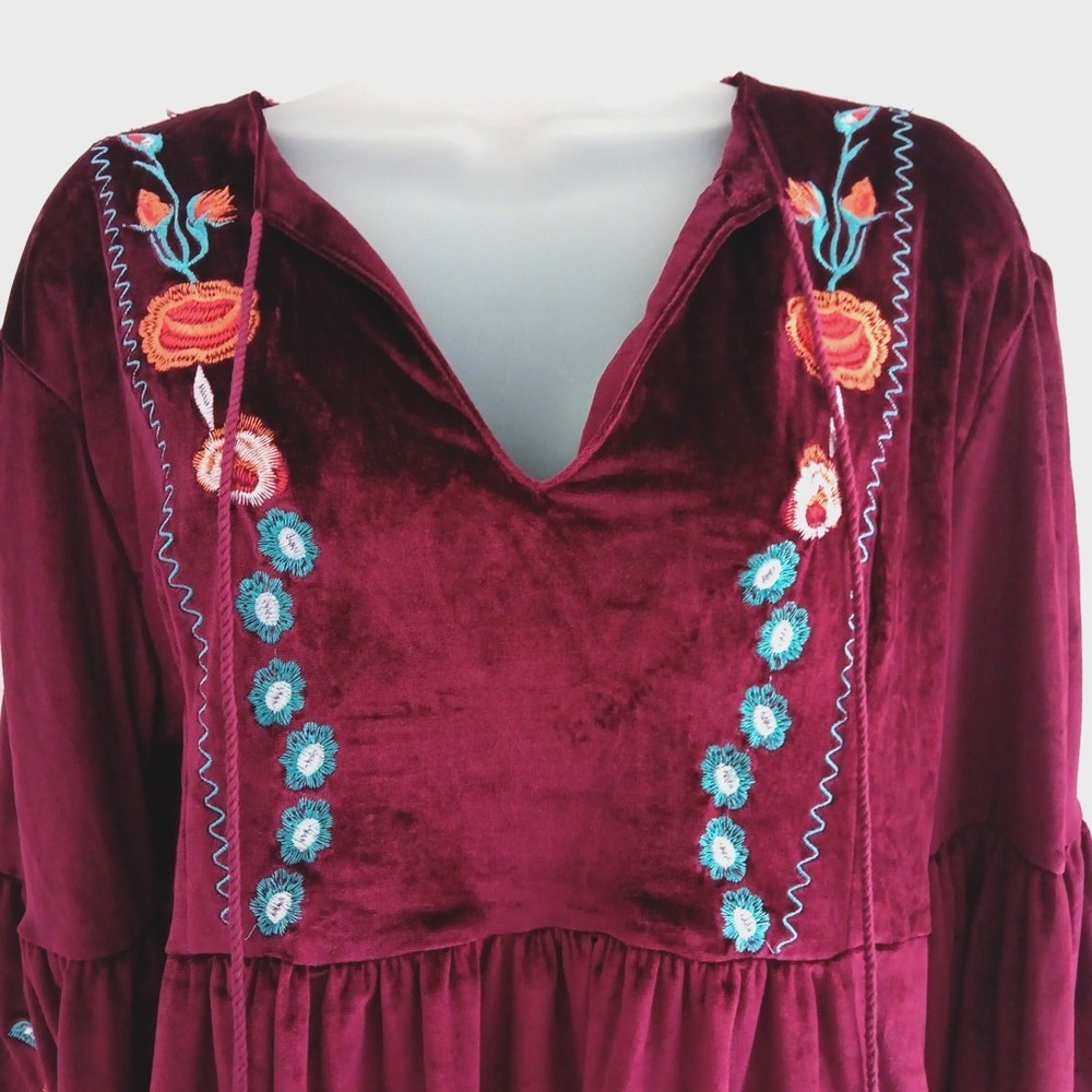 NWT Aofur Velvet Dress Womens Plus 2XL Red Embroidered Boho Popover Peasant Chic - Picture 4 of 12